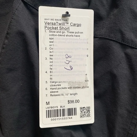 Lululemon Men's Medium Versatwill Cargo Pocket Shorts Stretch Cotton Black 10